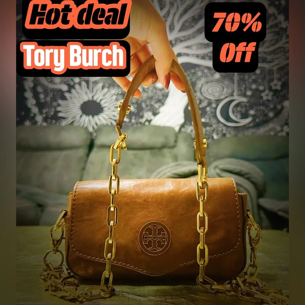 Rare Vintage Tory Burch Brown Leather small Crossbody bag with Gold Chain - Picture 12 of 12
